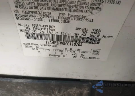 2012 Ford Taurus Limited из США, поврежденный, VIN 1FAHP2FW8CG110706